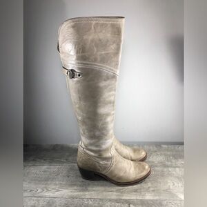 Women's Tall Frye 77594 Jane Cuff Taupe Leather Riding Stacked Heel Boots 8.5 B